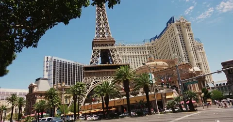 Steadicam shot of the Eiffel Tower in Las Vegas. Stock Footage 52972498