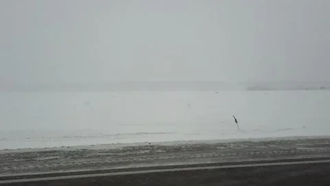 Steadicam shot from left side of car driving on intercity highway when snowstorm 動画素材 166610894