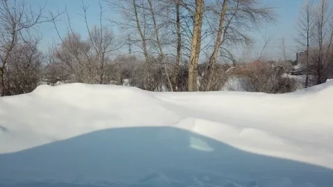 Steadicam shot of trees in front of town in siberian winter sunny ride Stock Footage 165025811