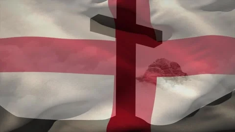 Steady breeze causing white flag to billow over 3D red cross emblem, revealing Video stock 317265121
