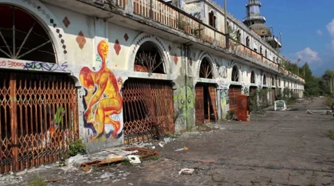 Steady Cam - Ghost town Consonno - city of toys - abandoned city Stock Footage 42611780