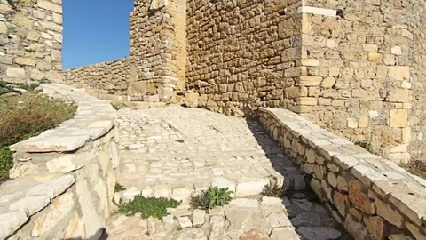 Steady cam shot, Personal perspective in Old medieval castle under UNESCO Video stock 70450759