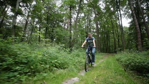 Steady cam view of man riding bicycle on forest road Video stock 77389988