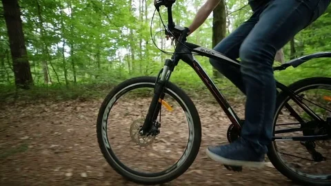 Steady cam view of man riding bicycle on forest road Stock Footage 77390675