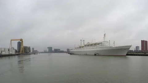 Steady camera pan of retired classic cruise ship SS Rotterdam the Grande Dame 4k Stock Footage 59801675