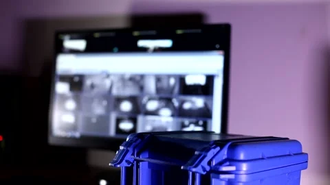 Steady close up view on small blue high security level bulletproof case with mul Stock Footage 132675178