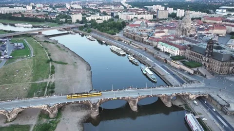 Steady flight, aerial video view of Dresden historic old town along River Elbe Stock Footage 285131241