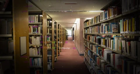 Steady library corridor shot starting drifting cyber terms fading over shelves 動画素材 312281145