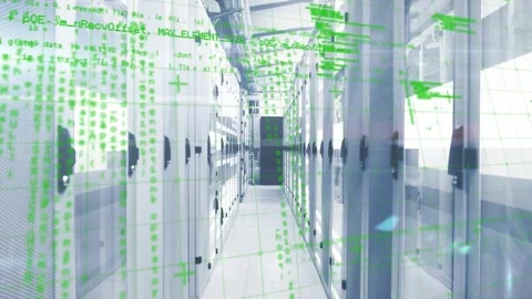 Steady shot pausing server corridor while grid overlay rising and code streams Stock Footage 327591975