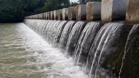 Steady shot of water flowing over a concrete weir in a natural river Video stock 342004061