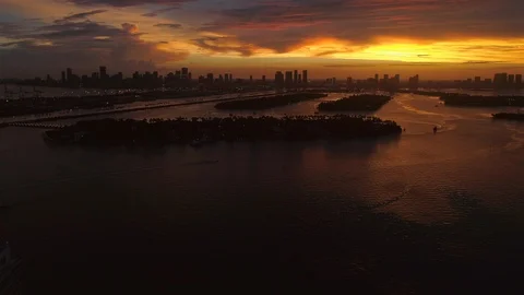 Steady Sunset Drone View of Star Island, Hibiscus Island, and Miami Skyline Stock Footage 93117365