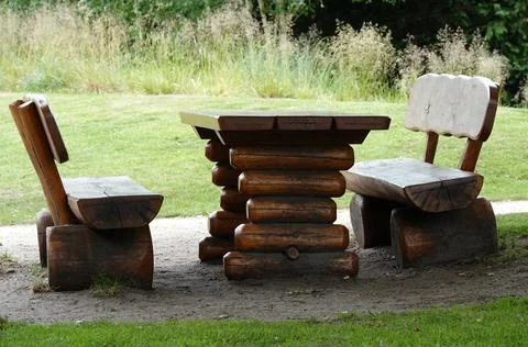 A steady table and benches Stock Photos