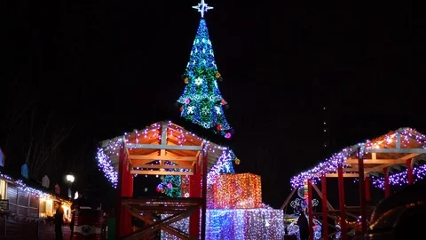 Steady time lapse shot of cozy colorful night lights sparkling on Christmas tree Stock Footage 100142384