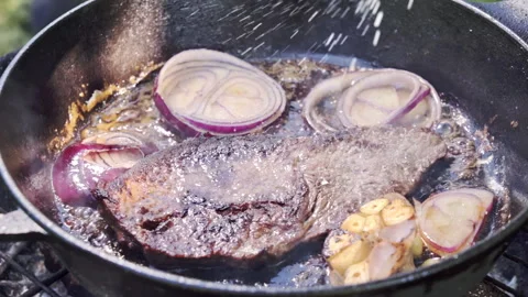 A steak being cooked on a grill. The chef adds salt to the meat. Stock Footage 315280927