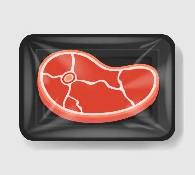 Steak on the bone in plastic tray container with cellophane cover. Mockup 스톡 일러스트