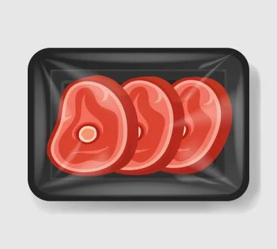 Steak on the bone in plastic tray container with cellophane cover. Mockup 스톡 일러스트