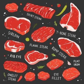 Steak collection, various types of beef steak, realistic illustration, t-bone Stock Illustration