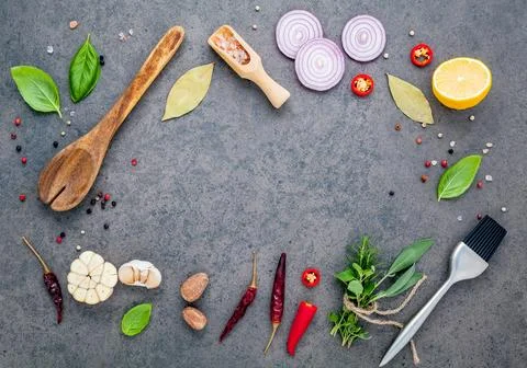 Steak concept with dark stone background. Ingredients for making steak with.. Stock Photos