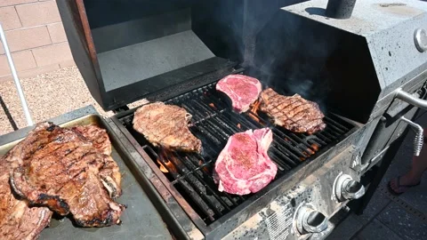 Steak cooking on a backyard Barbecue Stock Footage 135708976