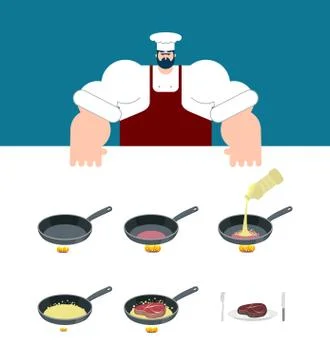 Steak cooking instruction. Chef directions grilled meat. Step by step food in Stock Illustration