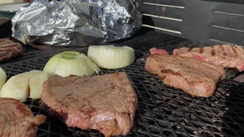 Steak Cooking in Spring Stock Footage 256670819