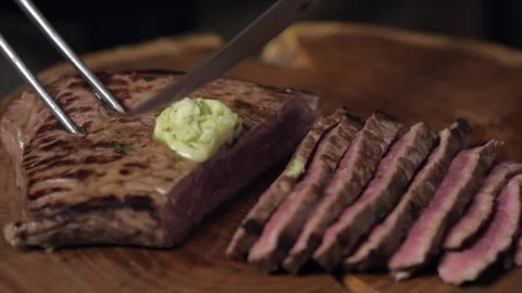 Steak cutting with fork and knife Stock Footage 258739395