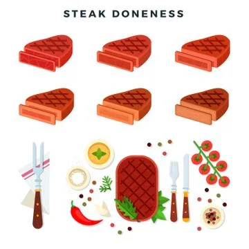 Steak doneness illustration, set. Different stages of steak. Blue rare, rare Stock Illustration