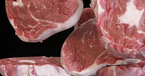 Steak Fall. Falling Meat. Food. ProRes 4444 with alpha transparent background. Video stock 108765235