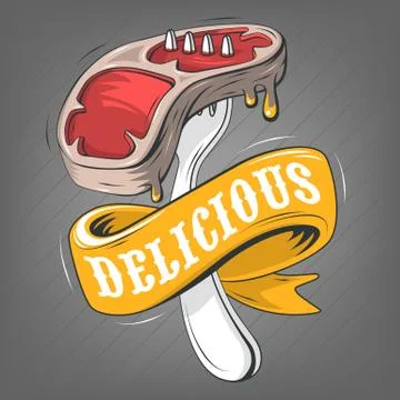 Steak On A Fork With A Banner Ribbon For Message. Cartoon Comic 库存插图