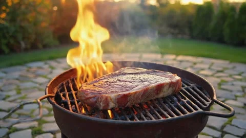 Steak on Grill with Flames in Backyard Stock Footage 317362880