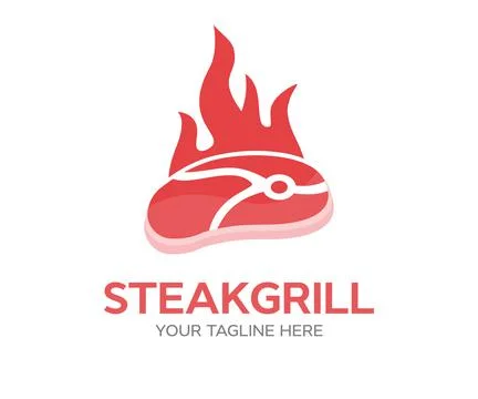 Steak on the grill with flames, BBQ logo design. Barbecue restaurant set. Illustrazione stock