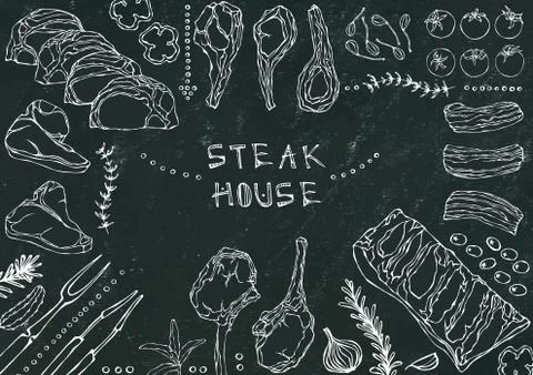 Steak House. Meat Cuts - Beef, Pork, Lamb, Steak, Boneless Rump, Ribs Roast,  Stock Illustration