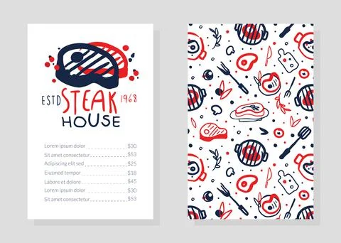 Steak House Menu Template with Meat Products Seamless Pattern, Card, Flyer 스톡 일러스트