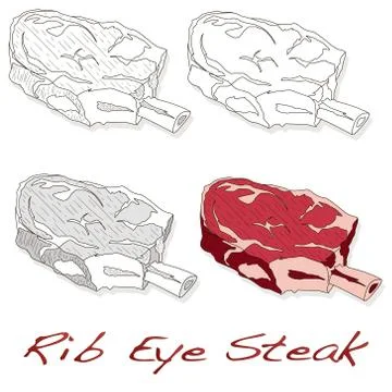 Steak illustration set. Vector images of steaks in different grafic styles, i Stock Illustration