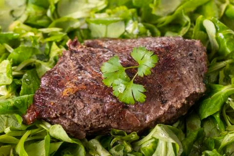 Steak on lamb's lettuce Stock Photos