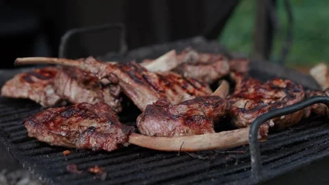 Steak meat is fried on fire and smoke. Barbecue grill with smoke on coals Stock Footage 322790761