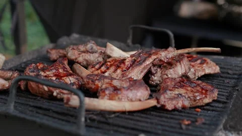 Steak meat is fried on fire and smoke. Barbecue grill with smoke on coals Stock Footage 322790764