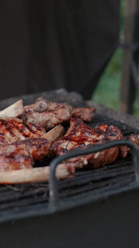 Steak meat is fried on fire and smoke. Barbecue grill with smoke on coals Stock Footage 322790830