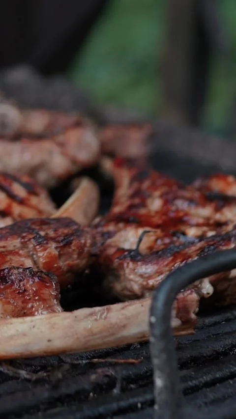 Steak meat is fried on fire and smoke. Barbecue grill with smoke on coals Stock Footage 322790943