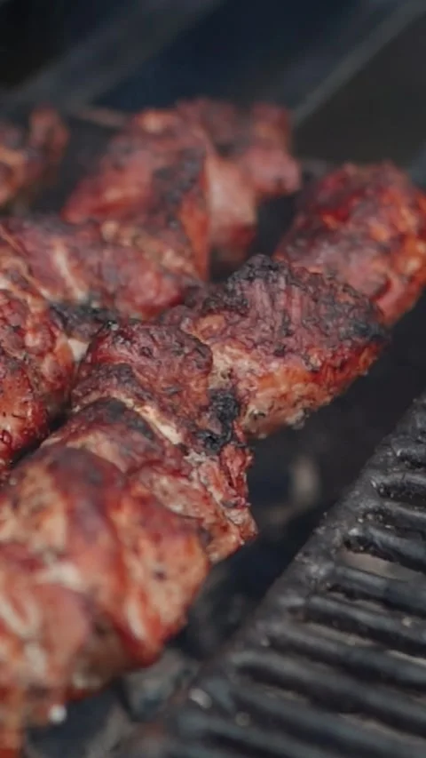Steak meat is fried on fire and smoke. Barbecue grill with smoke on coals Stock Footage 323093873