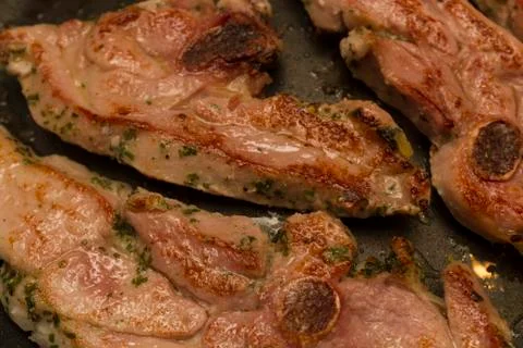 Steak meat grilled on pan Stock Photos