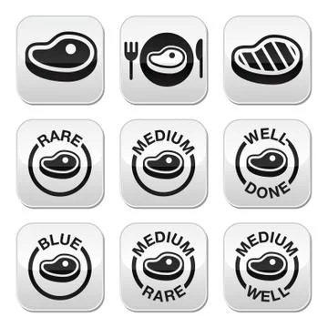 Steak - medium, rare, well done, grilled buttons set Stock Illustration