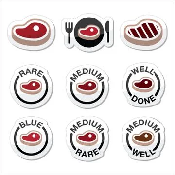 Steak - medium, rare, well done, grilled icons set Stock Illustration