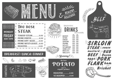 Steak menu for restaurant and cafe. Stock Illustration