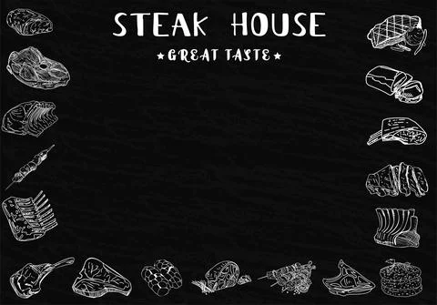Steak menu, restaurant template on chalkboard. Stock Illustration