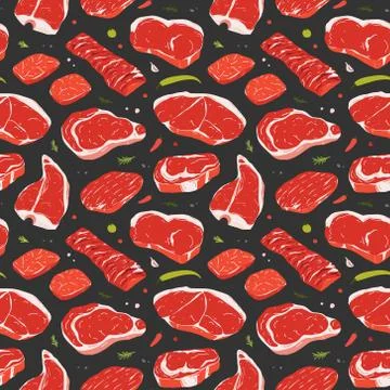 Steak pattern, various beef cuts, realistic raw meat illustration, black Stock Illustration