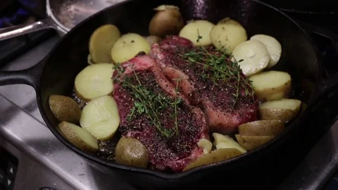 Steak Potatoes Cook Pot Stock Footage 79044715