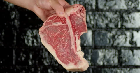 The steak raw beef t-bone holds the man's hand. Stock Footage 139543980