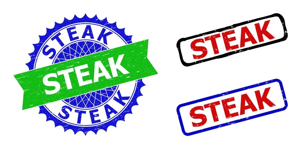 STEAK Rosette and Rectangle Bicolor Stamps with Scratched Textures Stock Illustration