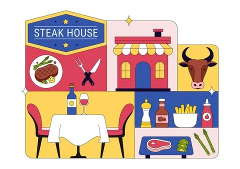 Steakhouse Restaurant Vector Illustration With Chef Grilling Beef Steak, Ba.. Stock Illustration